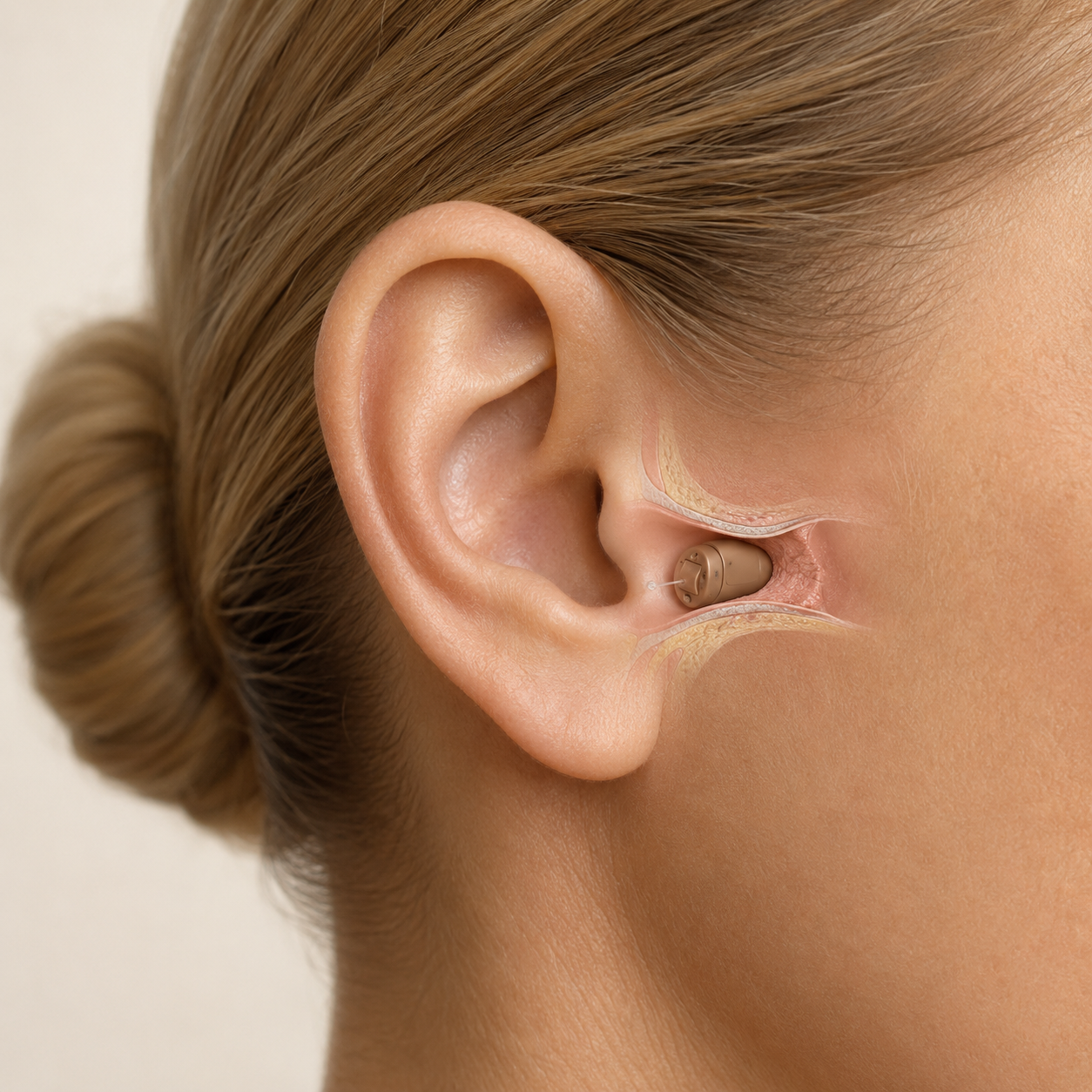 Invisible-in-canal hearing aid positioned deep in the ear canal