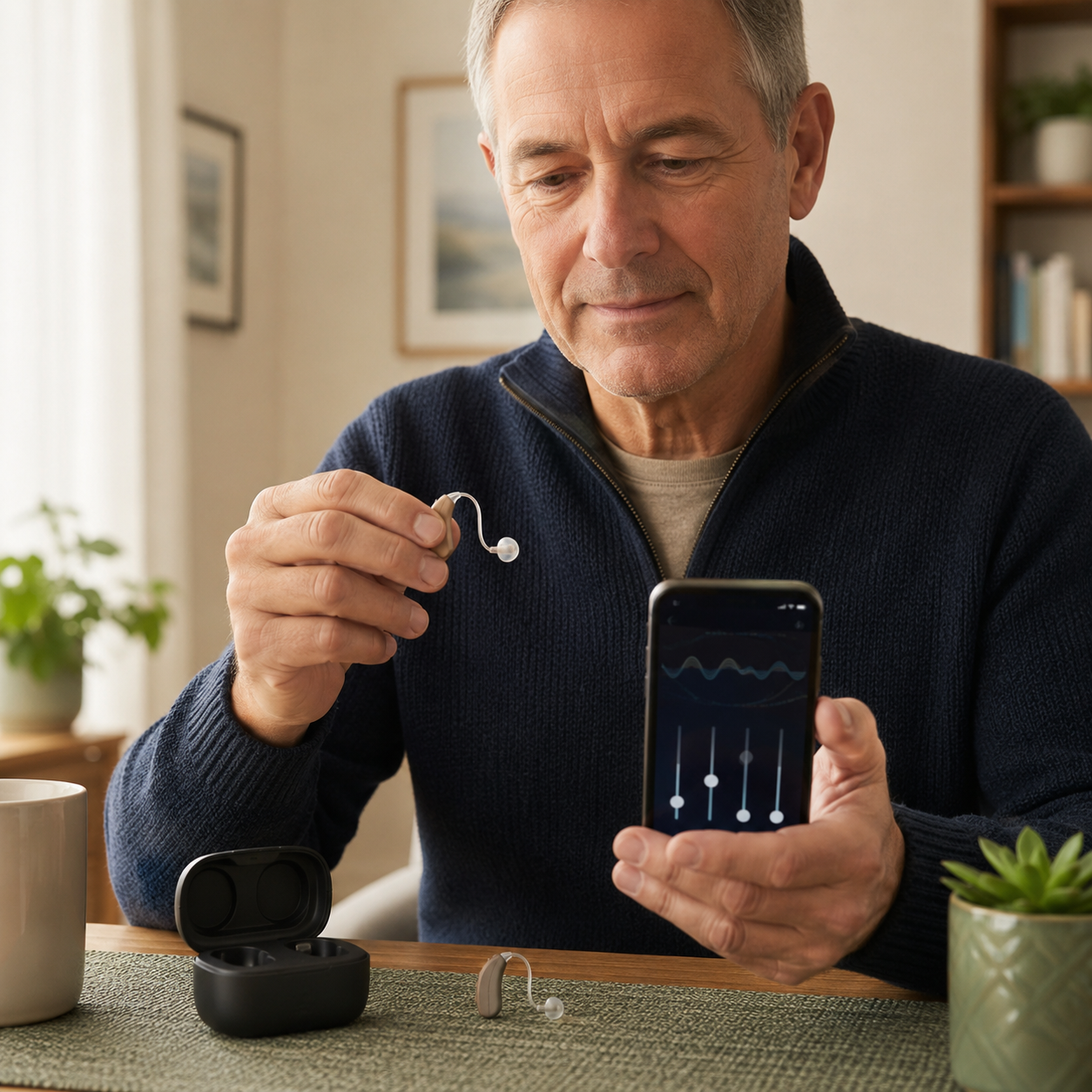 Adult setting up over-the-counter hearing aids at home